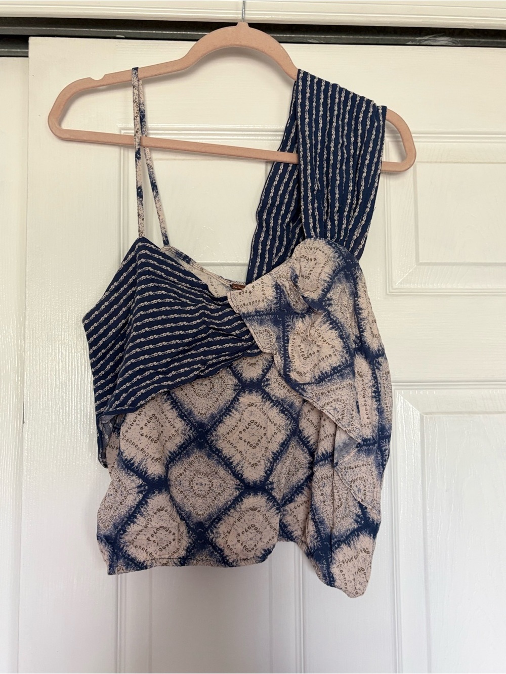 Free People Blue and Cream Patterned Spaghetti Strap Camisole